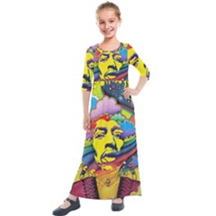 Psychedelic Rock Jimi Hendrix Kids  Quarter Sleeve Maxi Dress by Jancukart