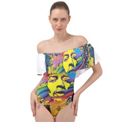 Psychedelic Rock Jimi Hendrix Off Shoulder Velour Bodysuit  by Jancukart