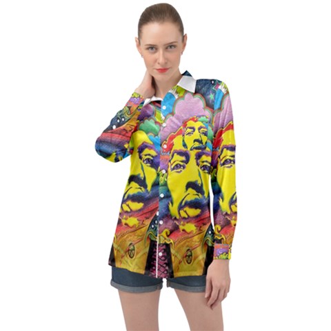 Psychedelic Rock Jimi Hendrix Long Sleeve Satin Shirt by Jancukart