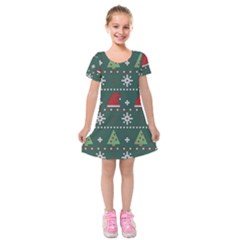 Beautiful Knitted Christmas Xmas Pattern Kids  Short Sleeve Velvet Dress