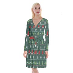 Beautiful Knitted Christmas Xmas Pattern Long Sleeve Velvet Front Wrap Dress by Jancukart