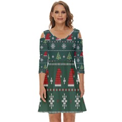 Beautiful Knitted Christmas Xmas Pattern Shoulder Cut Out Zip Up Dress