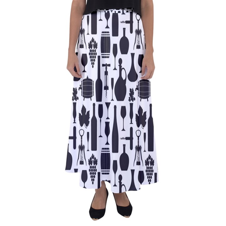 Wine Pattern Black White Flared Maxi Skirt