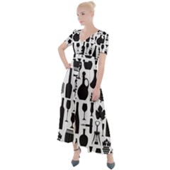 Wine Pattern Black White Button Up Short Sleeve Maxi Dress by Jancukart