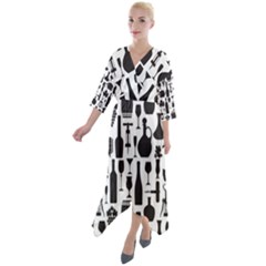 Wine Pattern Black White Quarter Sleeve Wrap Front Maxi Dress by Jancukart