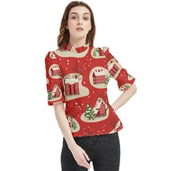 Christmas New Year Seamless Pattern Frill Neck Blouse