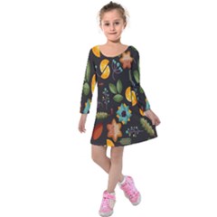 Christmas Seamless Pattern Kids  Long Sleeve Velvet Dress