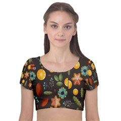 Christmas Seamless Pattern Velvet Short Sleeve Crop Top  by Jancukart