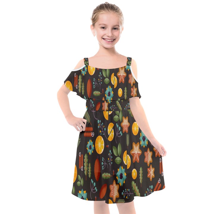 Christmas Seamless Pattern Kids  Cut Out Shoulders Chiffon Dress