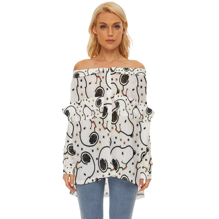 Dog Pattern Off Shoulder Chiffon Pocket Shirt