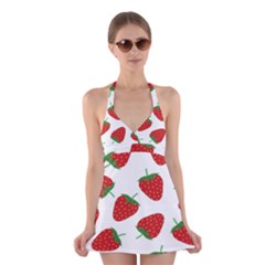 Seamless-pattern-fresh-strawberry Halter Dress Swimsuit 