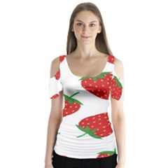 Seamless-pattern-fresh-strawberry Butterfly Sleeve Cutout Tee 