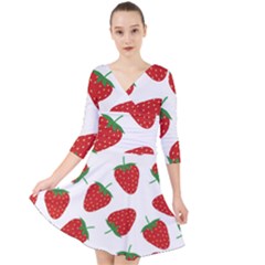 Seamless-pattern-fresh-strawberry Quarter Sleeve Front Wrap Dress