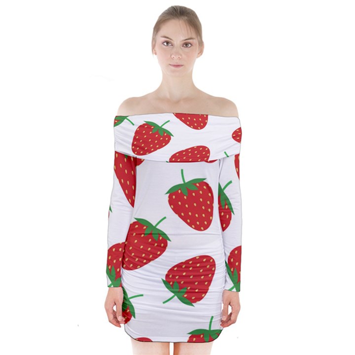 Seamless-pattern-fresh-strawberry Long Sleeve Off Shoulder Dress