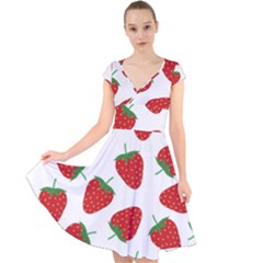 Seamless-pattern-fresh-strawberry Cap Sleeve Front Wrap Midi Dress