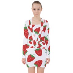 Seamless-pattern-fresh-strawberry V-neck Bodycon Long Sleeve Dress