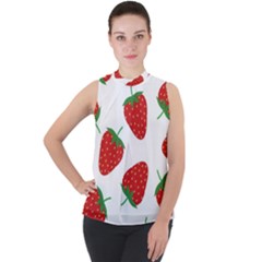 Seamless-pattern-fresh-strawberry Mock Neck Chiffon Sleeveless Top