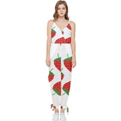 Seamless-pattern-fresh-strawberry Sleeveless Tie Ankle Chiffon Jumpsuit