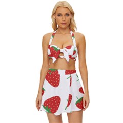 Seamless-pattern-fresh-strawberry Vintage Style Bikini Top And Skirt Set 