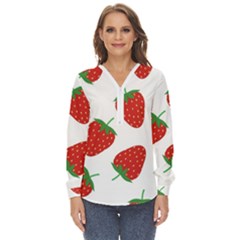 Seamless-pattern-fresh-strawberry Zip Up Long Sleeve Blouse