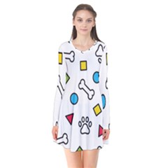 Dog Paw Seamless Pattern Footprint Bone Long Sleeve V-neck Flare Dress