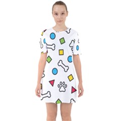 Dog Paw Seamless Pattern Footprint Bone Sixties Short Sleeve Mini Dress