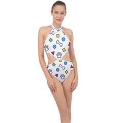 Dog Paw Seamless Pattern Footprint Bone Halter Side Cut Swimsuit