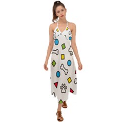 Dog Paw Seamless Pattern Footprint Bone Halter Tie Back Dress 