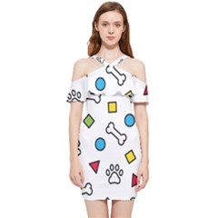 Dog Paw Seamless Pattern Footprint Bone Shoulder Frill Bodycon Summer Dress