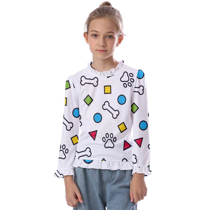 Dog Paw Seamless Pattern Footprint Bone Kids  Frill Detail Tee