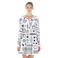 Pattern Hipster Abstract Form Geometric Line Variety Shapes Polka Dots Fashion Style Seamless Long Sleeve Velvet V-neck Dress