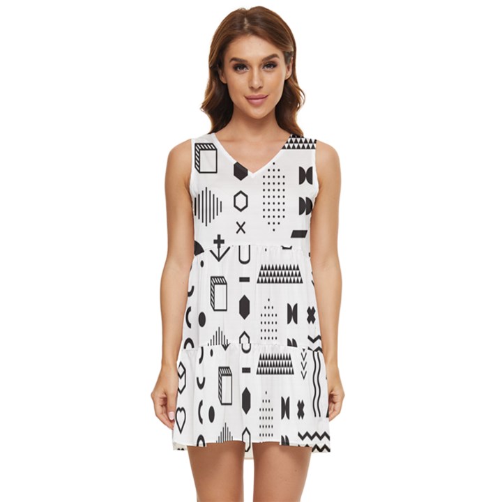 Pattern Hipster Abstract Form Geometric Line Variety Shapes Polka Dots Fashion Style Seamless Tiered Sleeveless Mini Dress