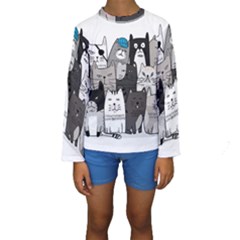 Cute Cat Hand Drawn Cartoon Style Kids  Long Sleeve Swimwear