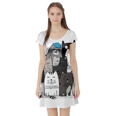 Cute Cat Hand Drawn Cartoon Style Short Sleeve Skater Dress