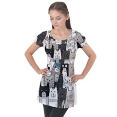 Cute Cat Hand Drawn Cartoon Style Puff Sleeve Tunic Top