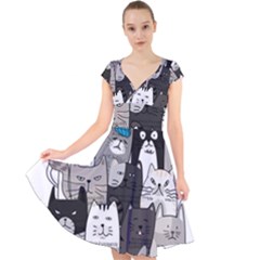 Cute Cat Hand Drawn Cartoon Style Cap Sleeve Front Wrap Midi Dress