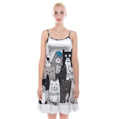 Cute Cat Hand Drawn Cartoon Style Spaghetti Strap Velvet Dress