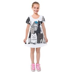 Cute Cat Hand Drawn Cartoon Style Kids  Short Sleeve Velvet Dress