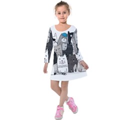 Cute Cat Hand Drawn Cartoon Style Kids  Long Sleeve Velvet Dress