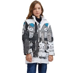 Cute Cat Hand Drawn Cartoon Style Kid s Hooded Longline Puffer Jacket by Jancukart