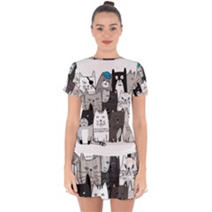 Cute Cat Hand Drawn Cartoon Style Drop Hem Mini Chiffon Dress