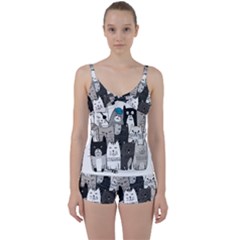 Cute Cat Hand Drawn Cartoon Style Tie Front Two Piece Tankini