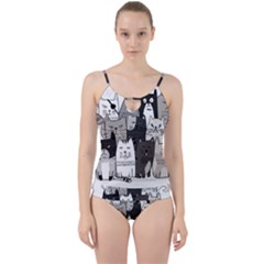 Cute Cat Hand Drawn Cartoon Style Cut Out Top Tankini Set