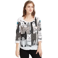 Cute Cat Hand Drawn Cartoon Style Chiffon Quarter Sleeve Blouse