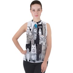 Cute Cat Hand Drawn Cartoon Style Mock Neck Chiffon Sleeveless Top