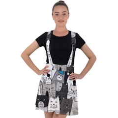 Cute Cat Hand Drawn Cartoon Style Velvet Suspender Skater Skirt