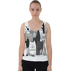 Cute Cat Hand Drawn Cartoon Style Velvet Tank Top