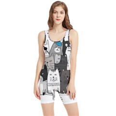 Cute Cat Hand Drawn Cartoon Style Women s Wrestling Singlet