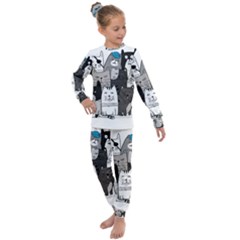 Cute Cat Hand Drawn Cartoon Style Kids  Long Sleeve Set 