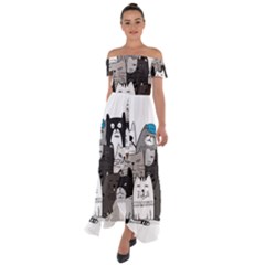 Cute Cat Hand Drawn Cartoon Style Off Shoulder Open Front Chiffon Dress